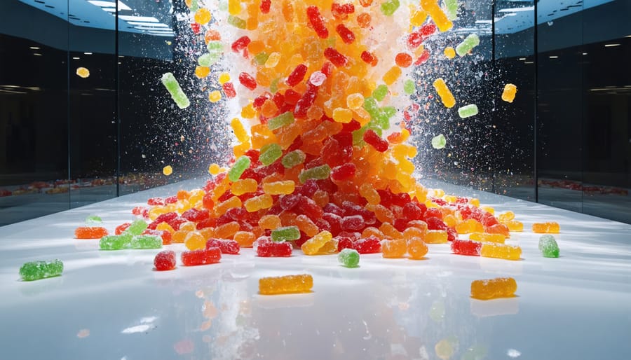 "A captivating British art gallery installation featuring an explosion of vibrantly colored freeze-dried candies, beautifully interacting with light and space, creating a whimsical and modern cultural experience."