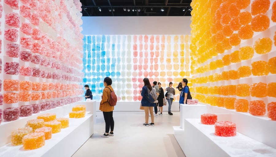 Art exhibit displaying freeze dried candies, with people observing the installation