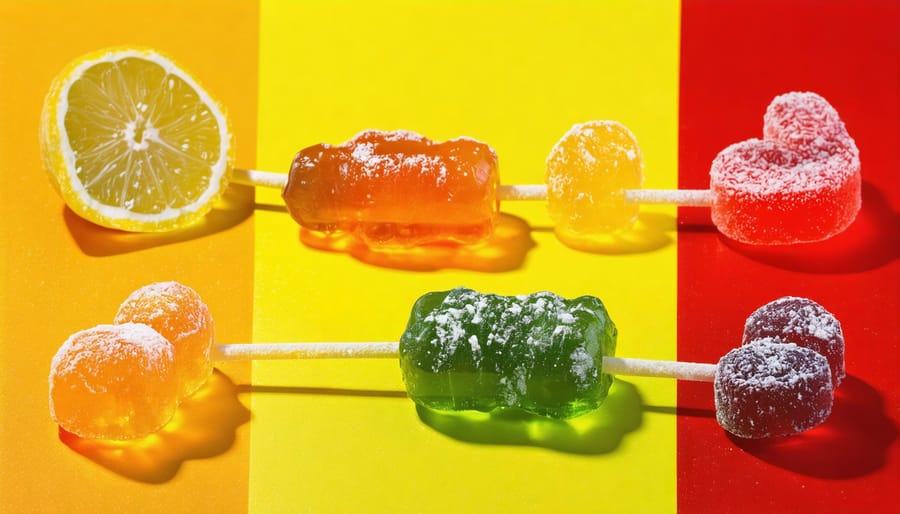 Abstract artistic depiction highlighting the dialogue between nutrition and art using freeze dried candy elements