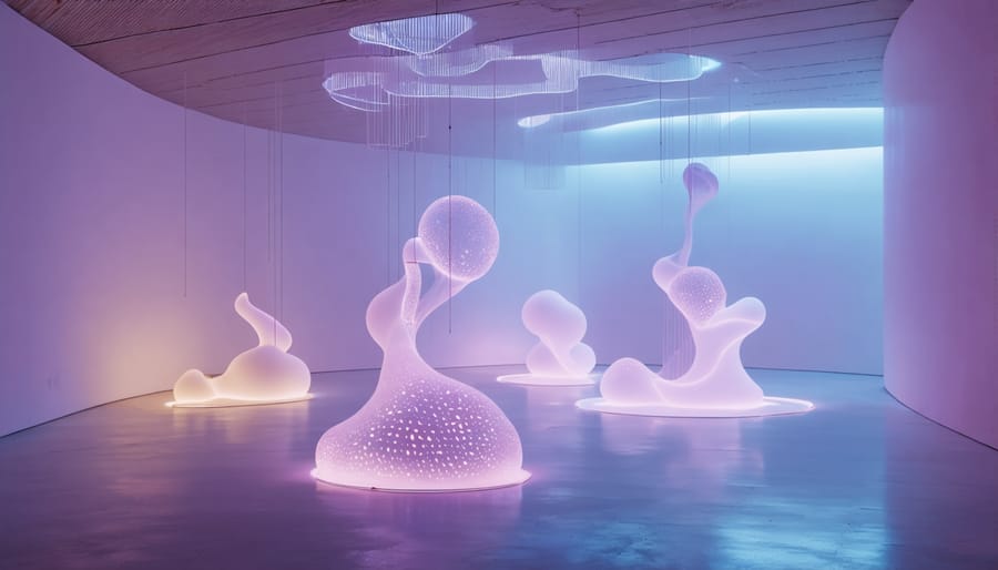 A conceptual installation in a modern art gallery, illuminated with soft, neon lights, incorporating abstract forms that represent THCA and British cultural motifs.